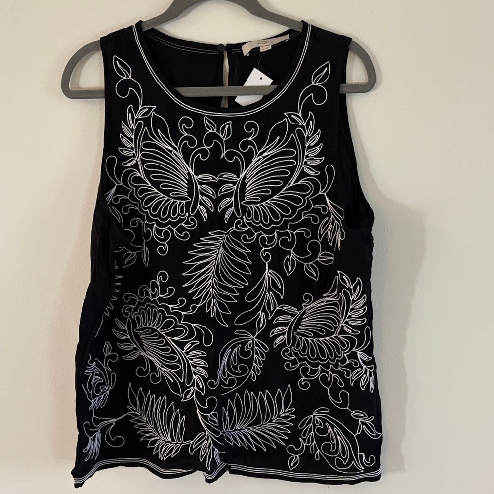 LOFT Black Top with White Embroidery